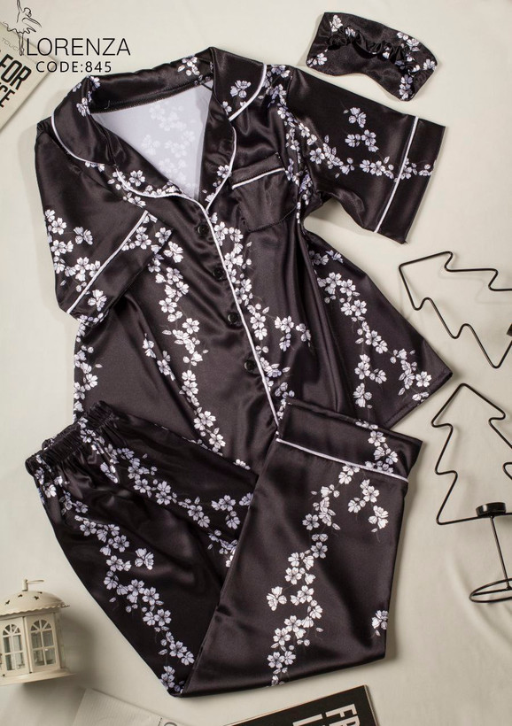 بلوز شلوار ساتن طرح دار رنگ مشکی برند لورنزا __فروشگاه لاوین